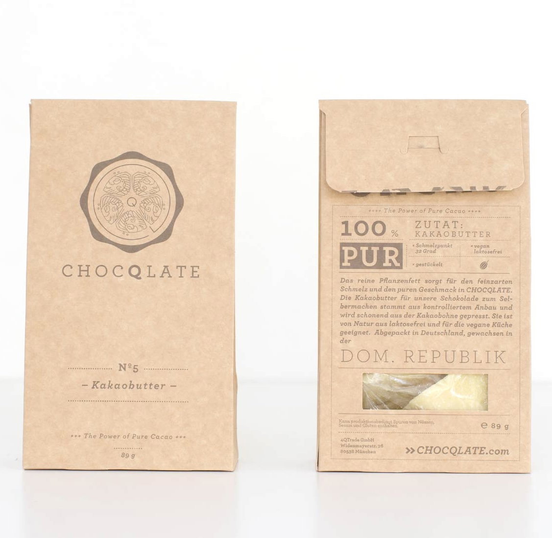 Verpackung der Kakaobutter Nº5, Vorder- und Rückseite