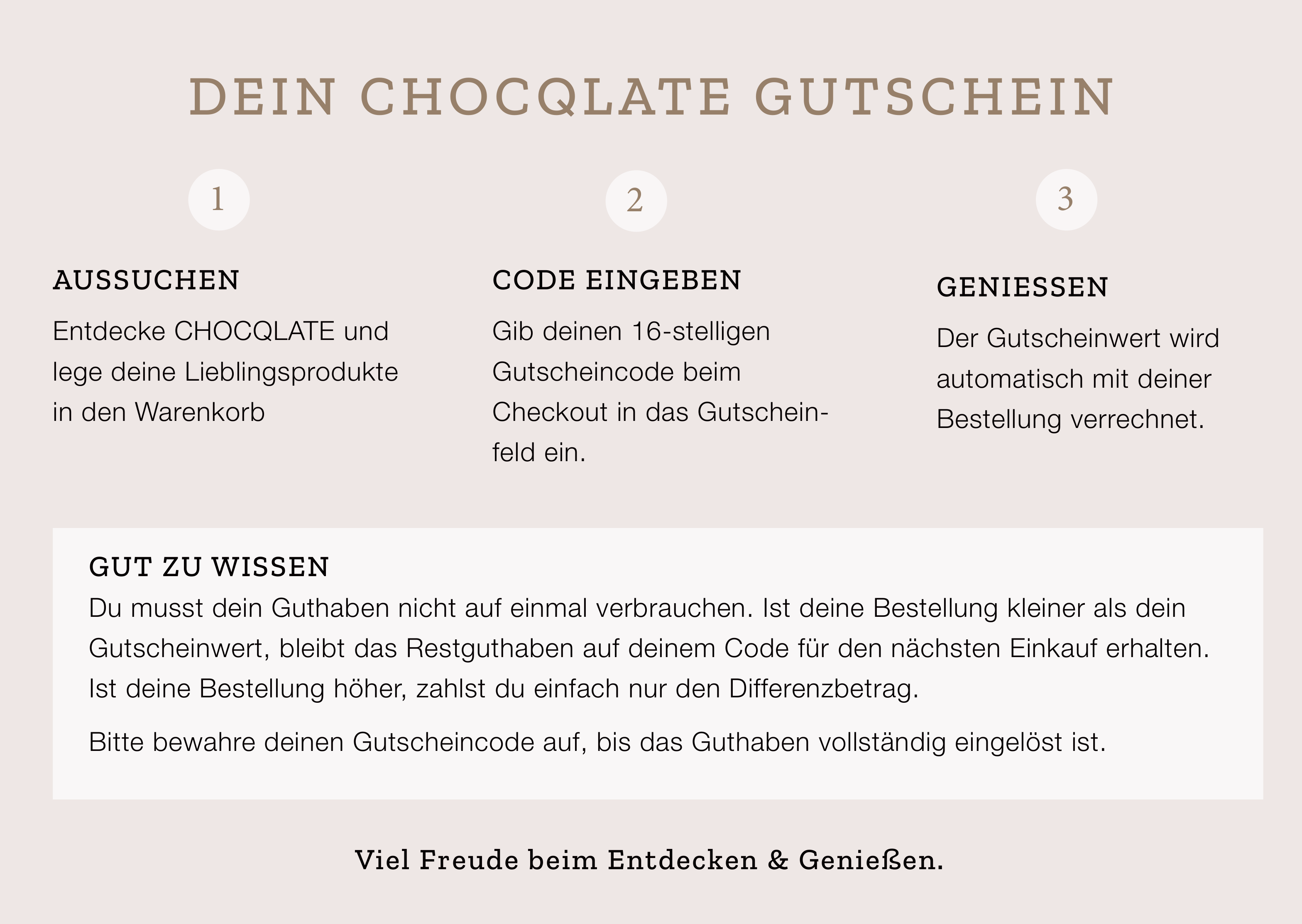 CHOCQLATE Gutschein – Rückseite: Aussuchen, Code eingeben, Genießen – mit Hinweisen zur Einlösung