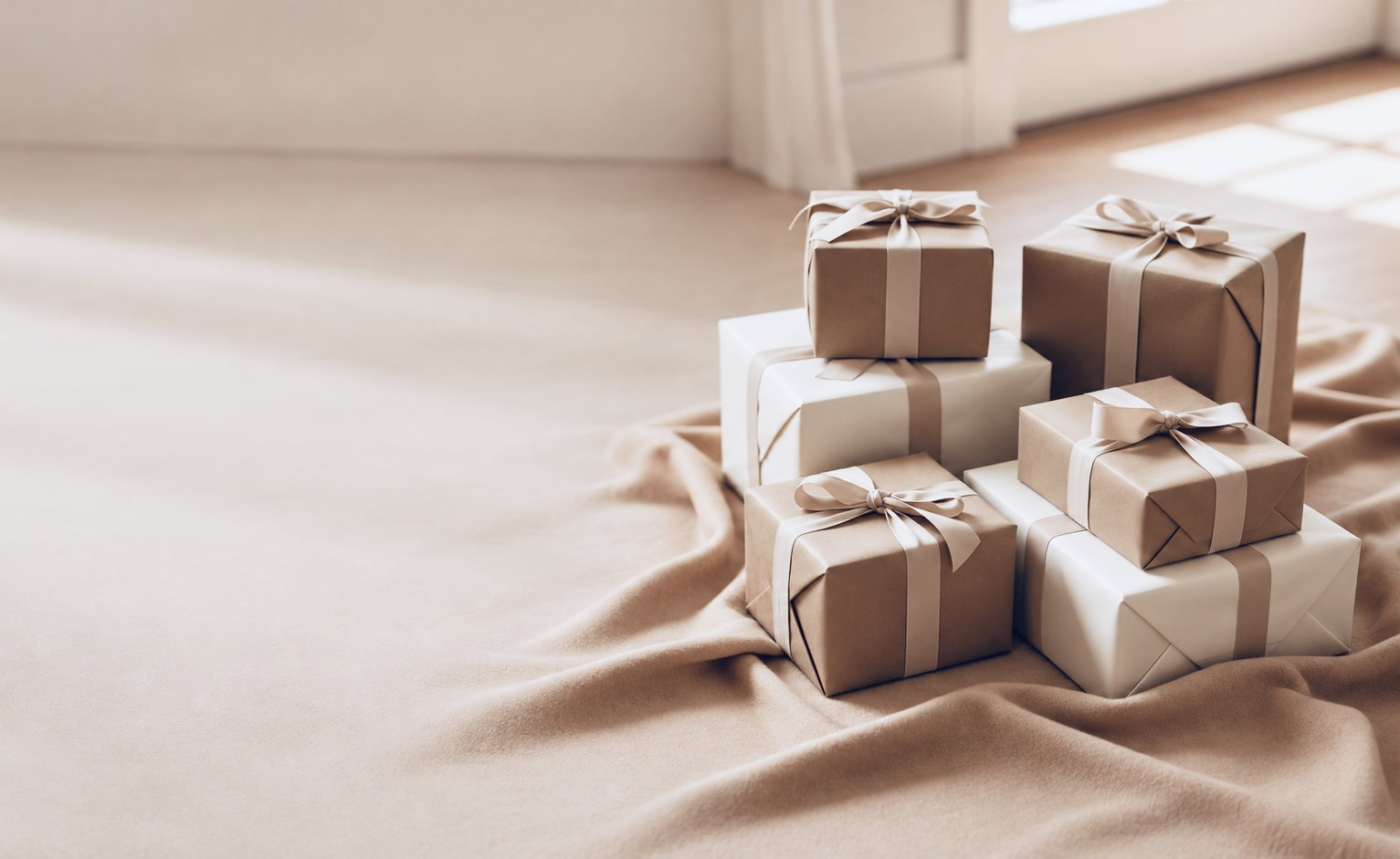 In Kraftpapier und Weiß verpackte Geschenke mit Satinschleifen auf einer hellen Decke