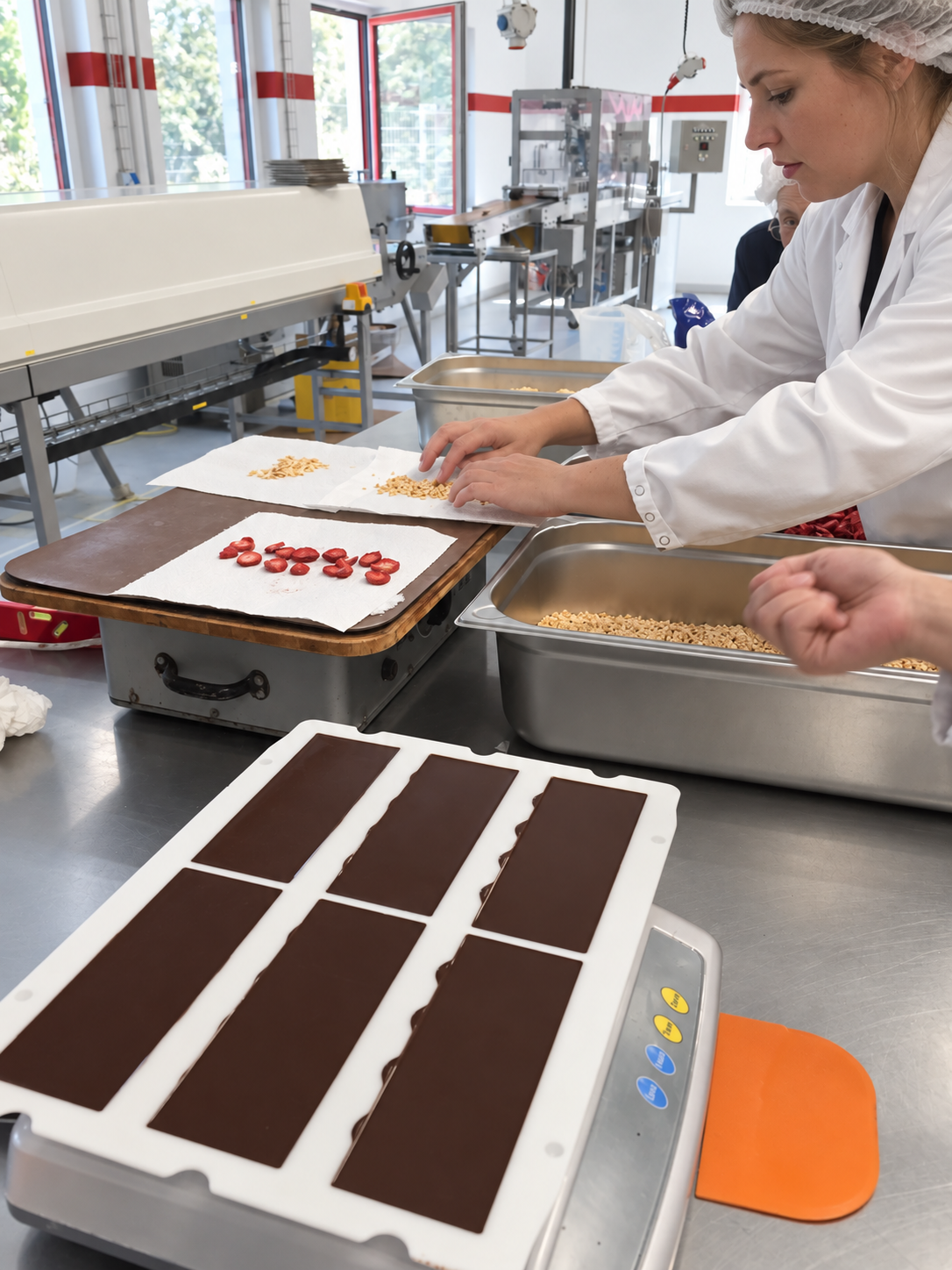 In einer hellen Produktionshalle verteilt eine Frau mit Haarnetz und weißem Kittel gehackte Nüsse, daneben getrocknete Erdbeerscheiben und vorne eine Form mit sechs frisch gegossenen dunklen Schokoladentafeln auf einer Waage