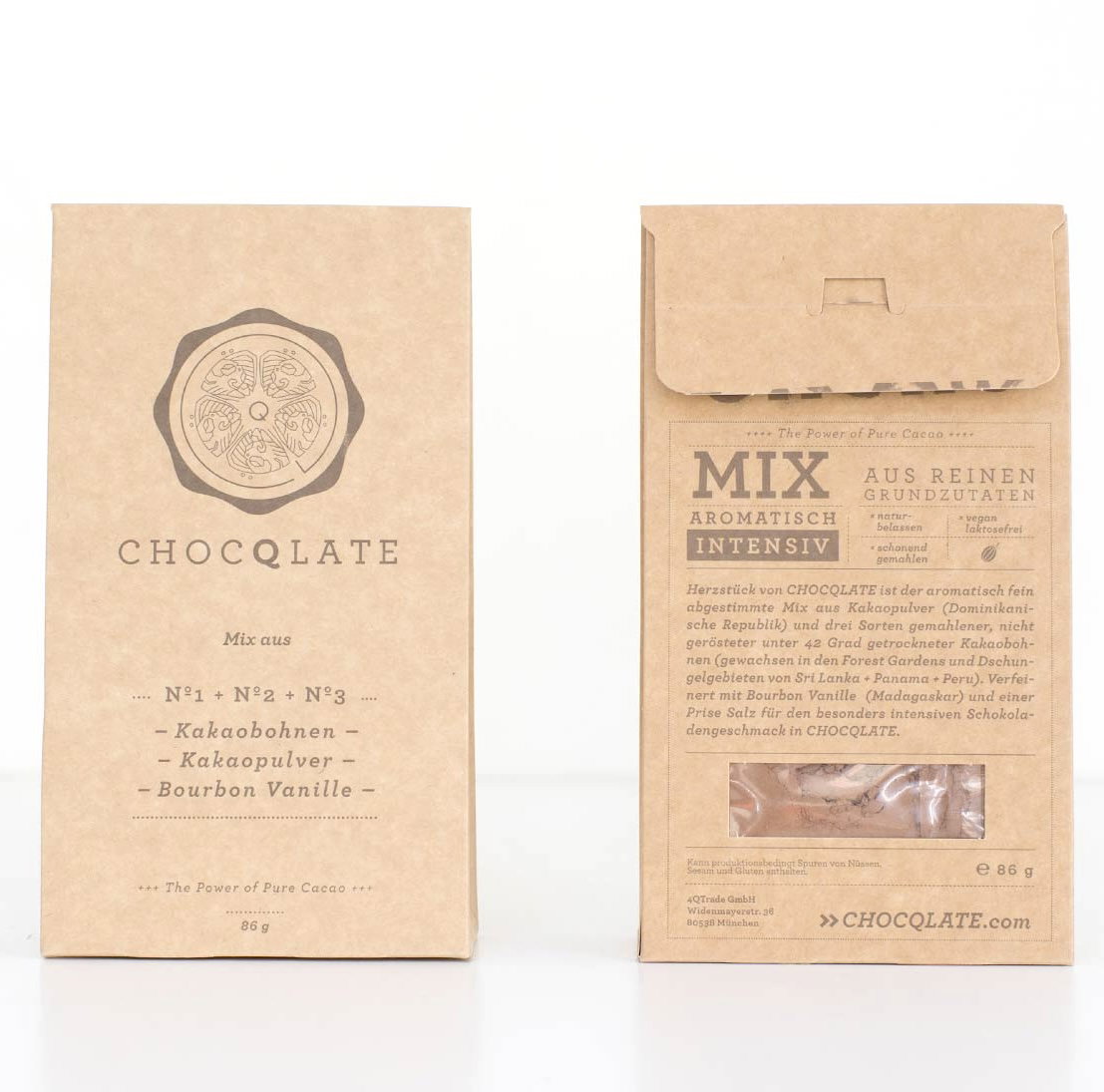 Verpackung des Virgin Cacao Mix, Vorder- und Rückseite