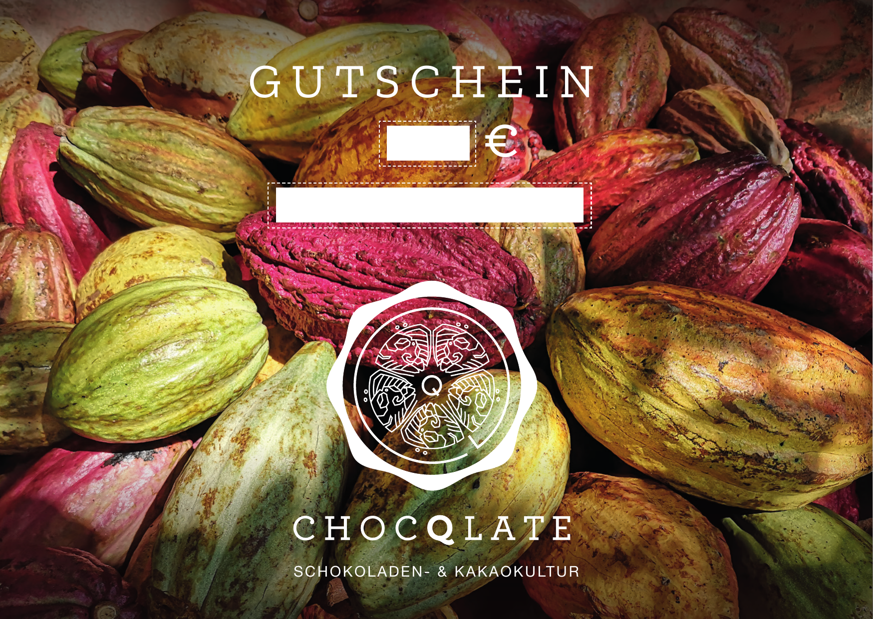 CHOCQLATE Live-Tasting-Gutschein über 59 € auf einem Motiv aus bunten Kakaofrüchten