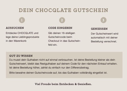 CHOCQLATE Gutschein – Rückseite: Aussuchen, Code eingeben, Genießen – mit Hinweisen zur Einlösung