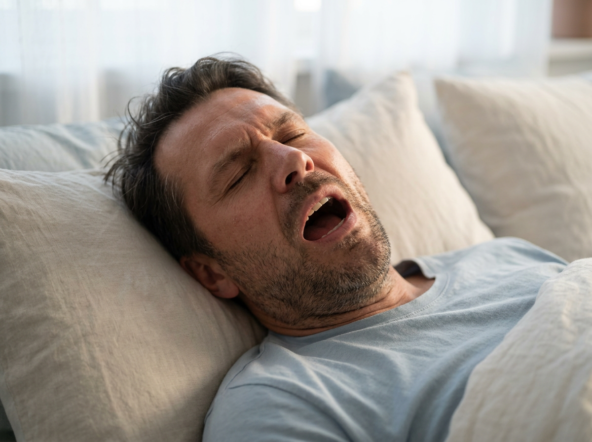Middle-aged man lying in bed yawning with eyes closed