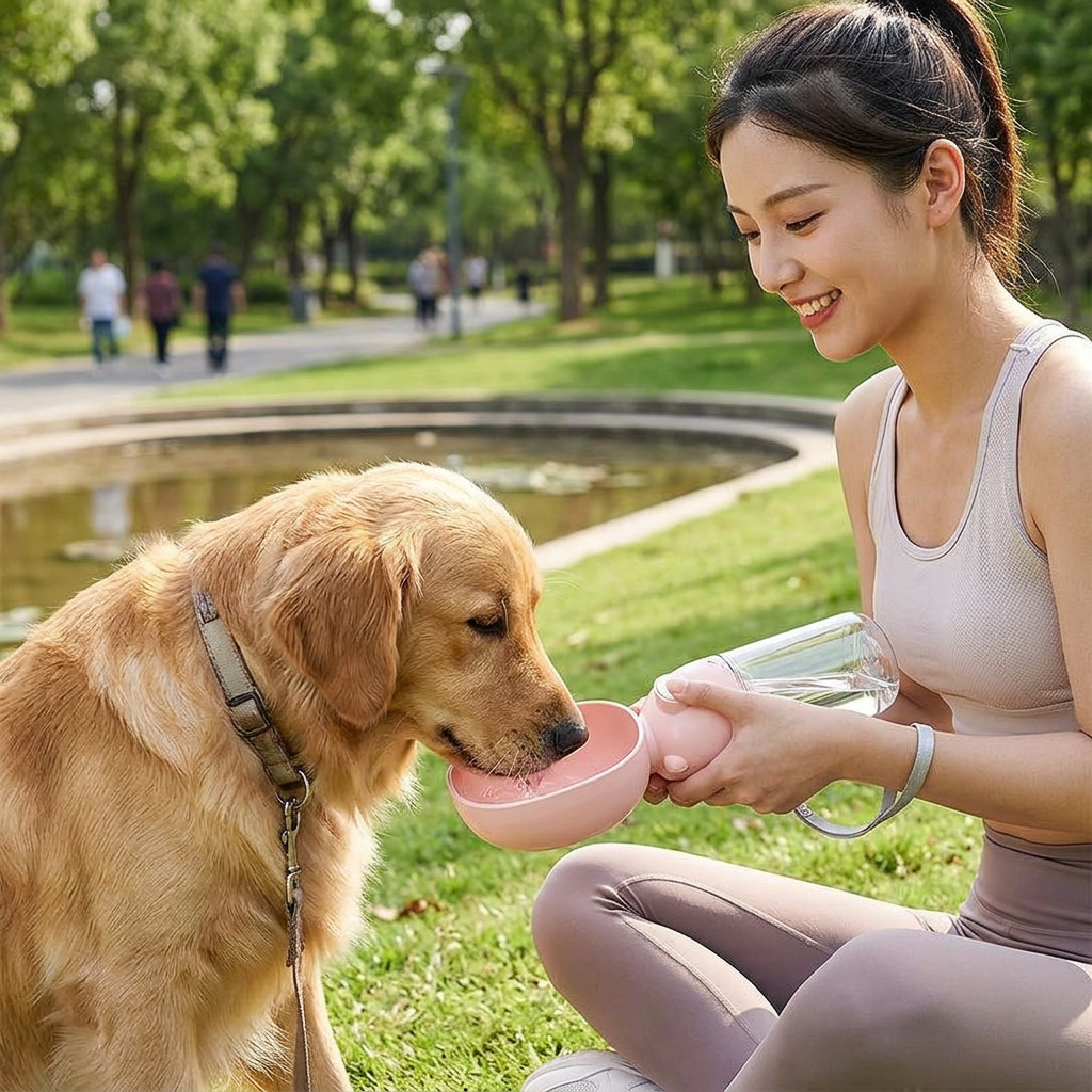 A woman in activewear giving water to a golden retriever from a portable water bottle in a park.