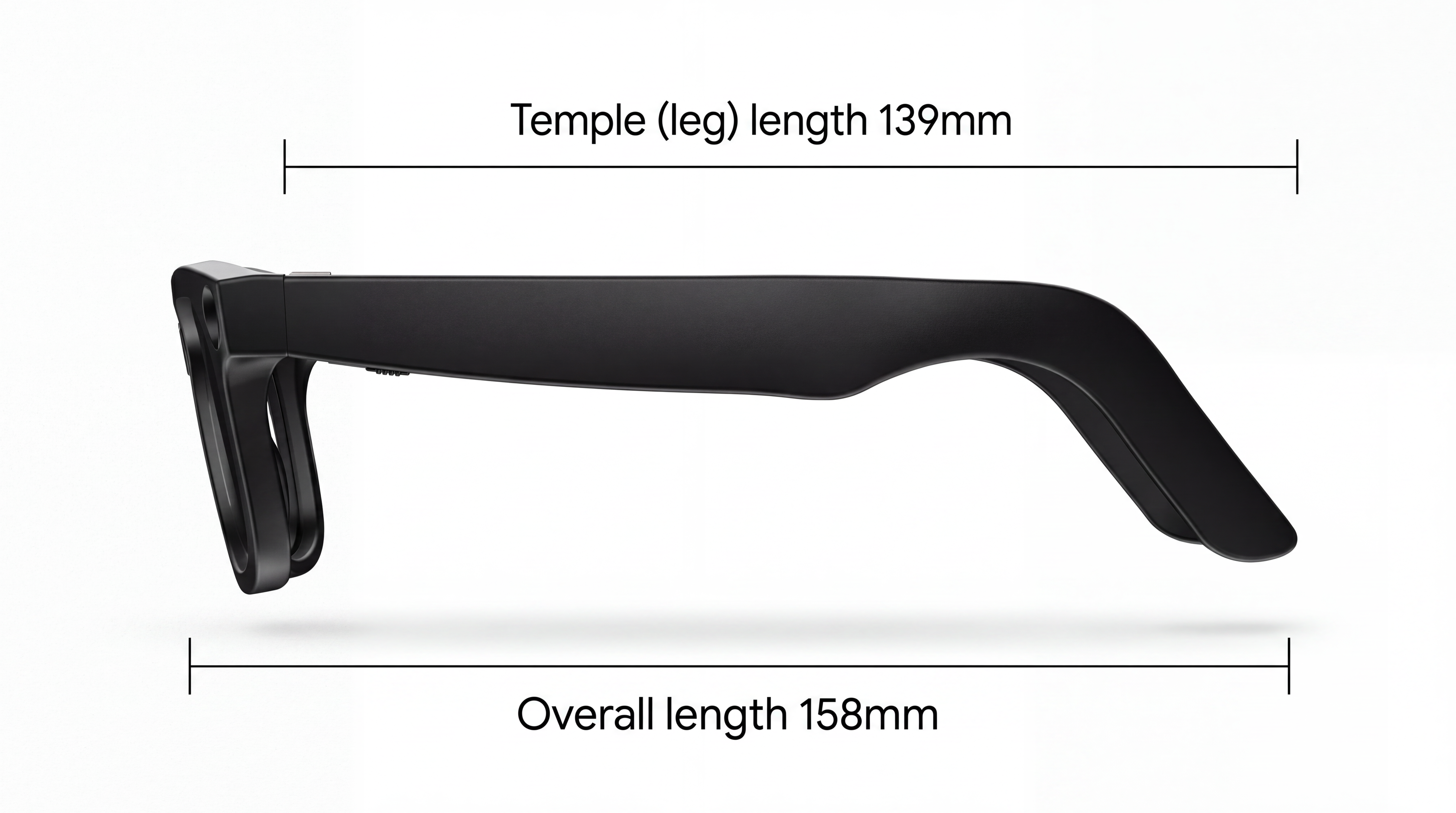 Dimensional drawing of NEXVO One: 158 mm overall frame length and 139 mm temple length