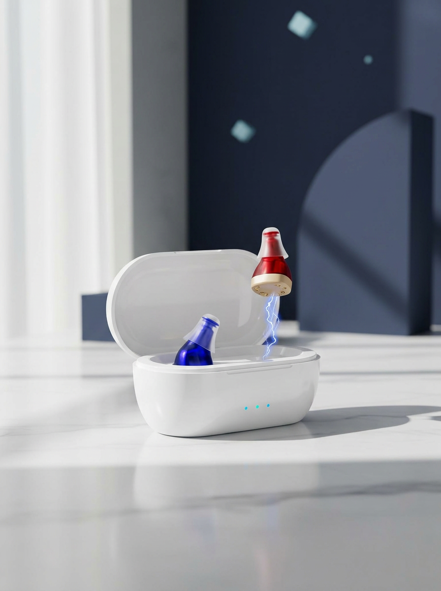 White charging case on a marble surface with a red and blue earbud, one floating with blue light