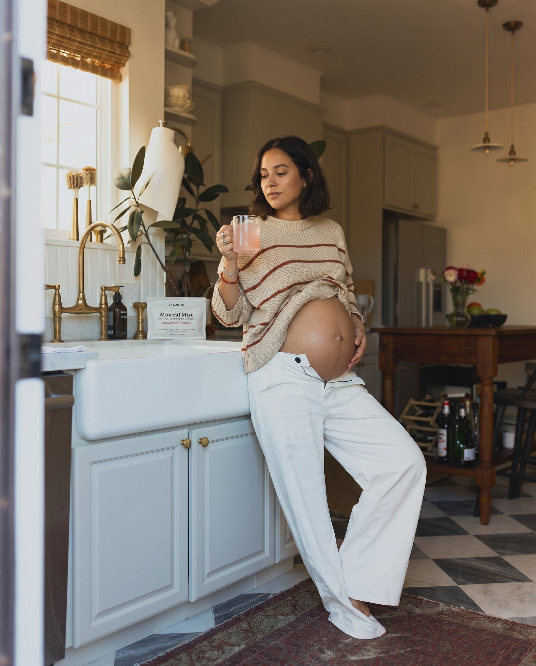 Pregnant woman leaning on a kitchen counter, holding a glass of Mineral Mist beside the pouch