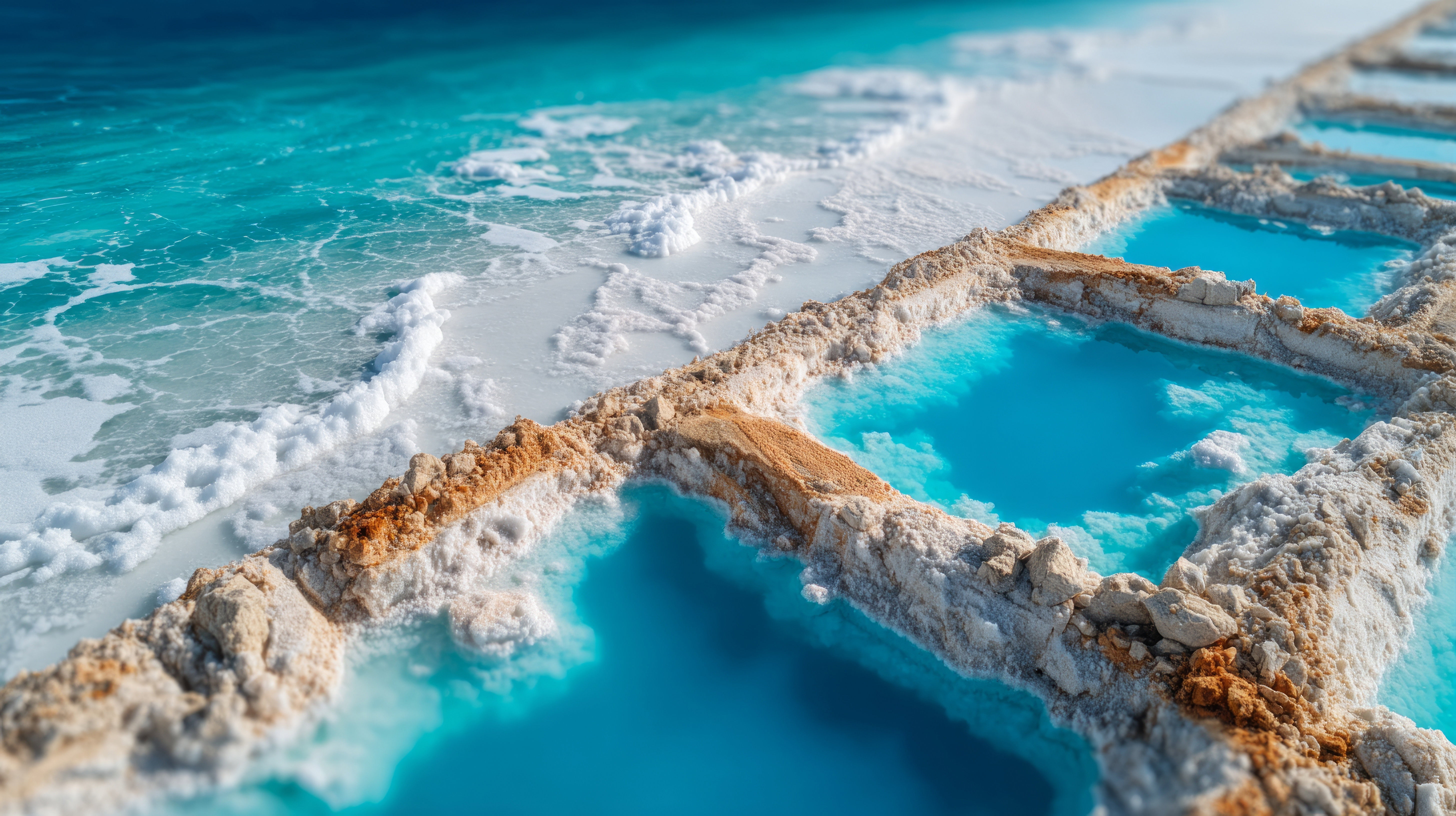 Turquoise salt evaporation pools edged with white mineral crust beside the sea
