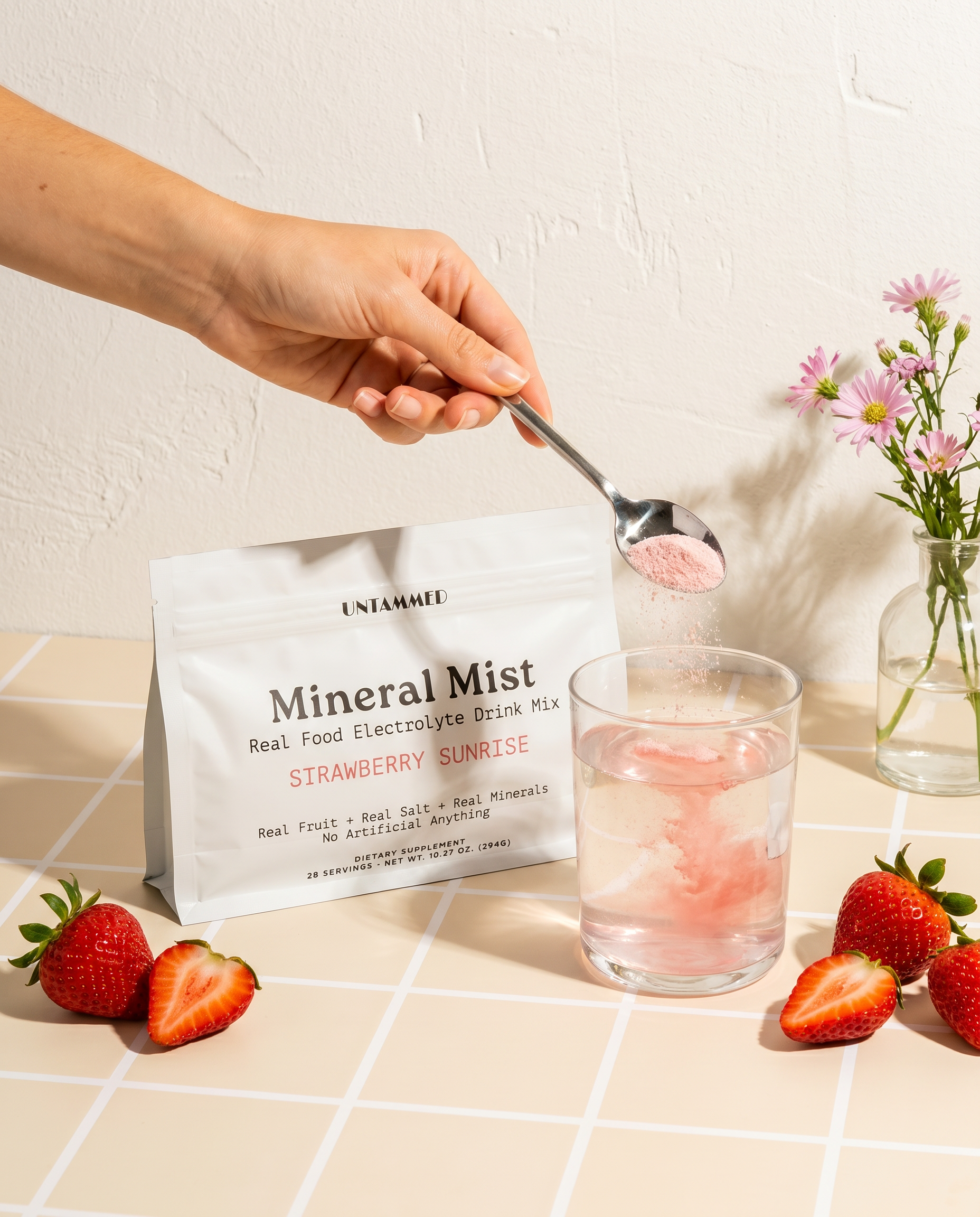 Hand spooning Strawberry Sunrise Mineral Mist powder into a glass of water next to the pouch and fresh strawberries