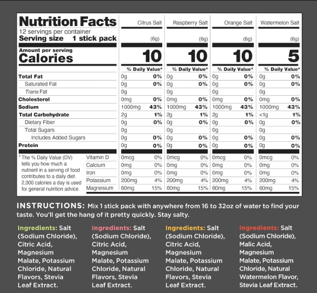 Nutrition facts panel and ingredient list from a typical electrolyte stick pack, listing natural flavors and stevia leaf extract