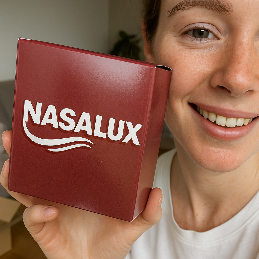 Vrouw heeft de Nasalux  verpakking vast