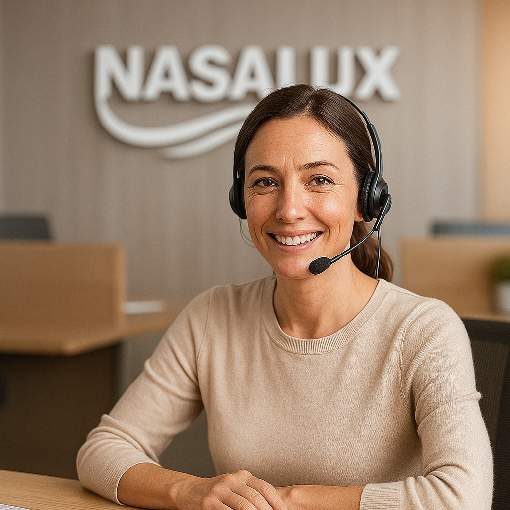 Medewerker van Nasalux die op kantoor zit bij de klantenservice.