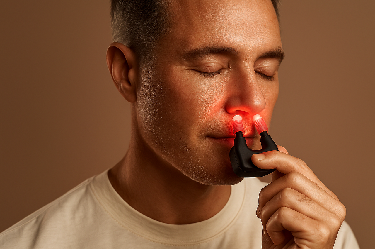 Man gebruikt Nasalux lichttherapie bij verstopte neus
