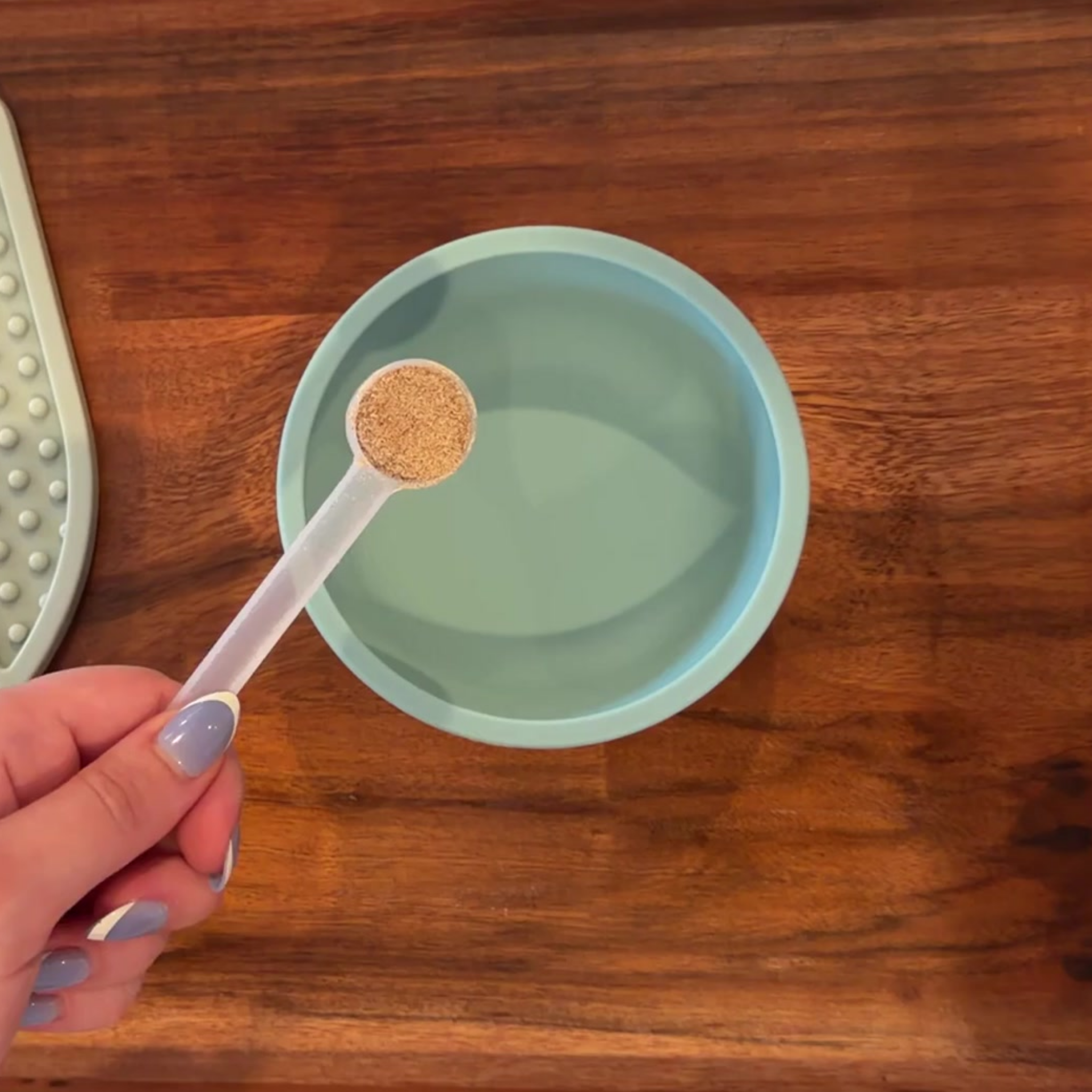 Scooping wildwhip treat mix into a blue cat bowl