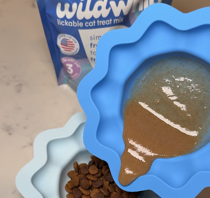 Creamy whipped lickable cat treat in a ceramic dish