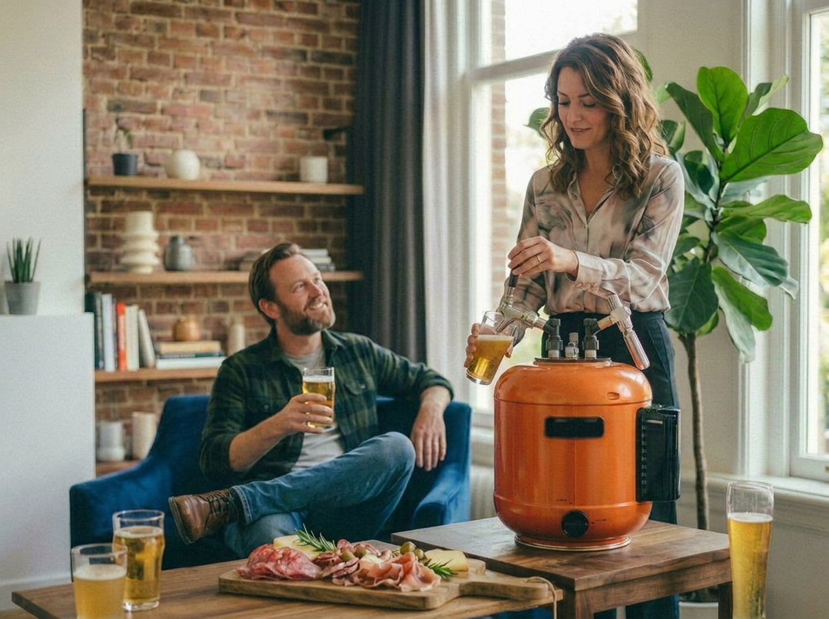 A woman pouring beer from an orange tabletop keg while a man watches seated with a beer in hand