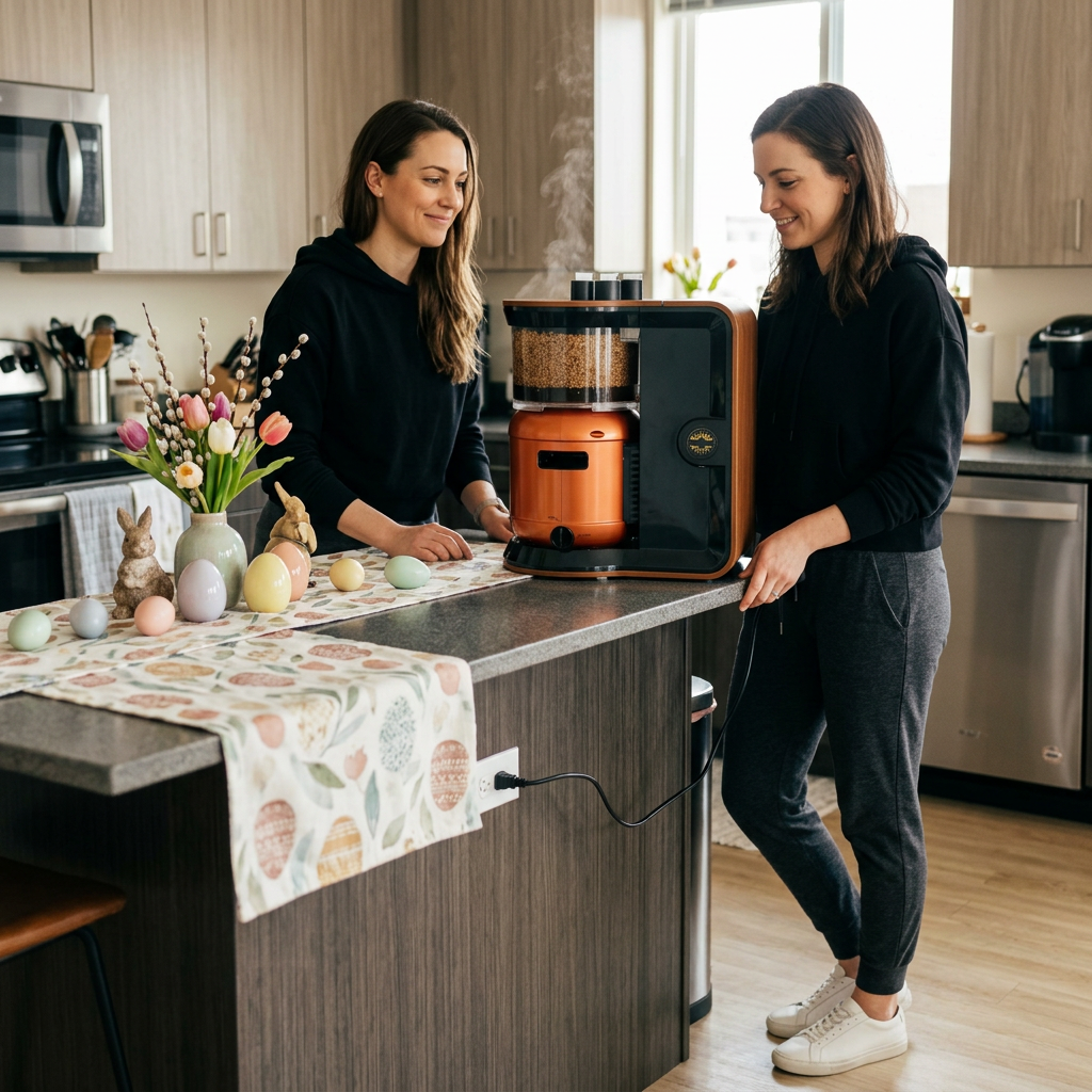 Two women smiling near a countertop with a coffee machine and Easter decorations