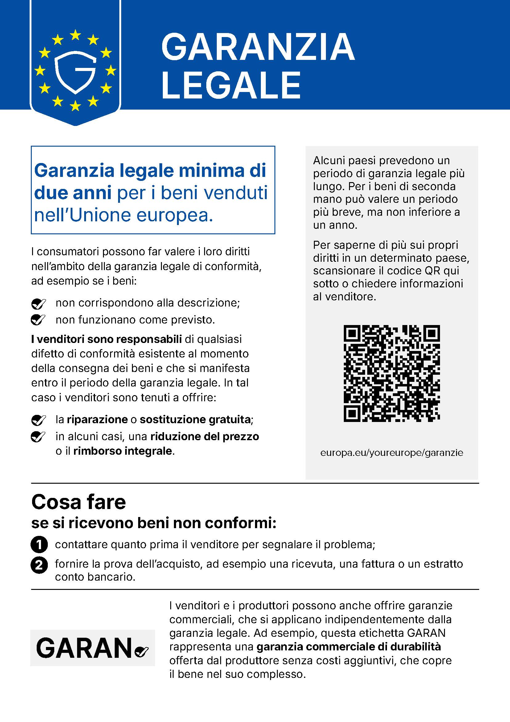 Avviso UE sulla garanzia legale: garanzia minima di due anni per i beni venduti nell’Unione europea