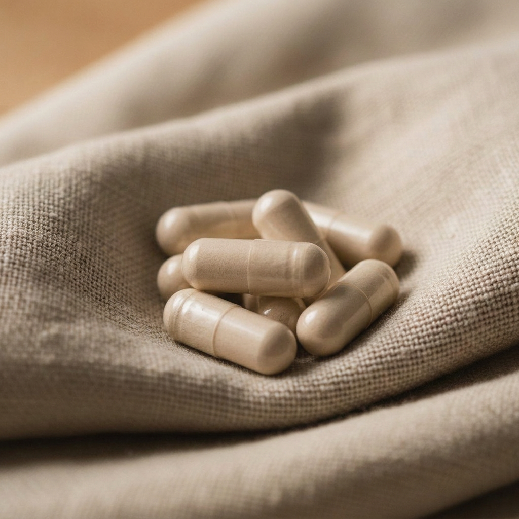 Close-up of the The Cortisol Reset capsules on linen fabric