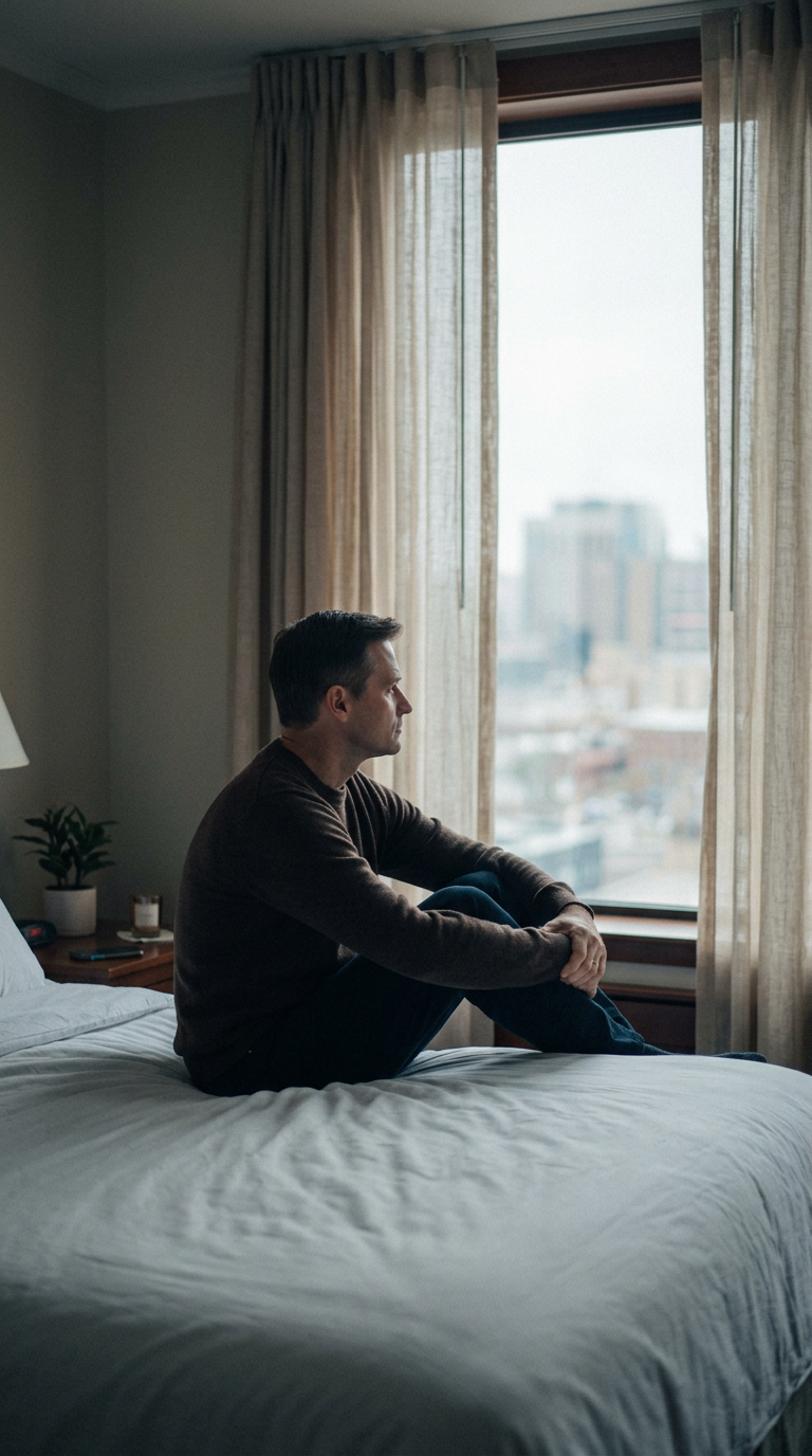 A man at a dark bedroom window at night with his phone face-down beside him