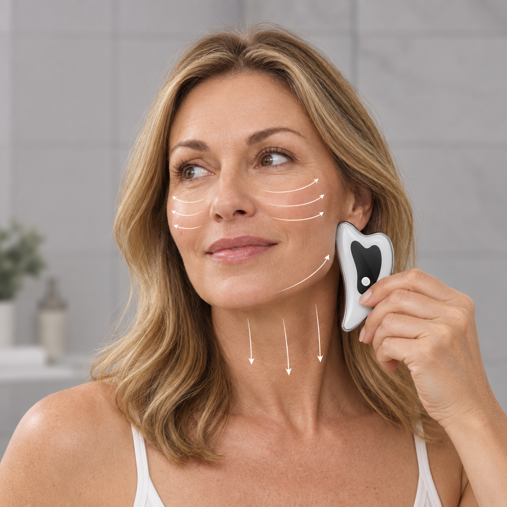 A woman holding the gua sha device at her jaw, with arrows showing the strokes: outward across the cheeks, up along the jaw and down the neck