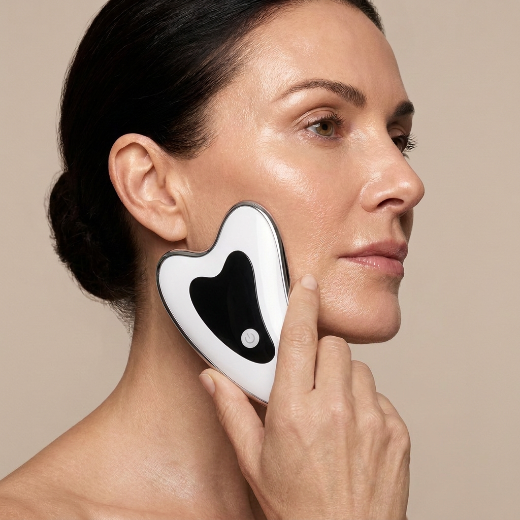 A woman in profile holding the warm gua sha device flat against her jaw, just below the ear