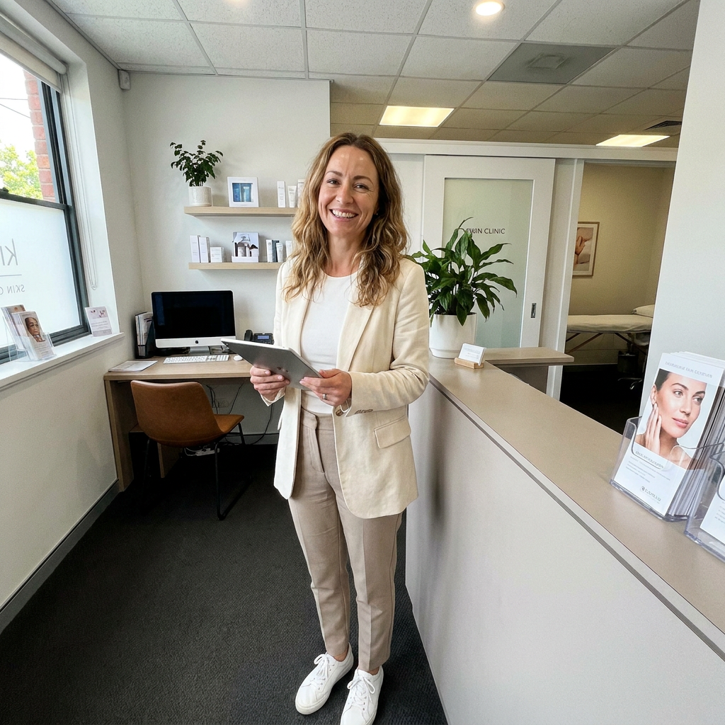Emily Carter smiling at the front desk of her skin clinic, holding a tablet