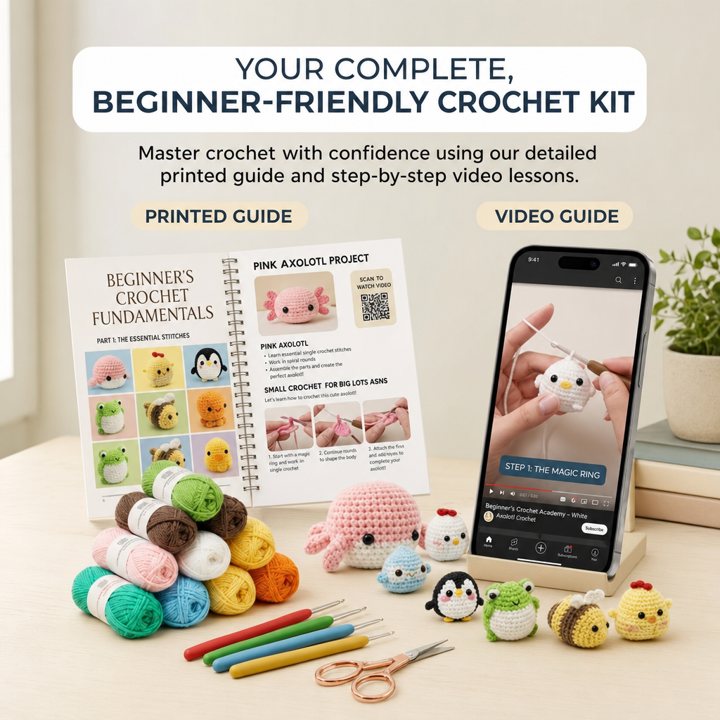 Everything in the kit: printed beginner's crochet guide open on the table, step-by-step video lessons playing on a phone, yarn in every colour, hooks, scissors, safety eyes and the finished animal plushies