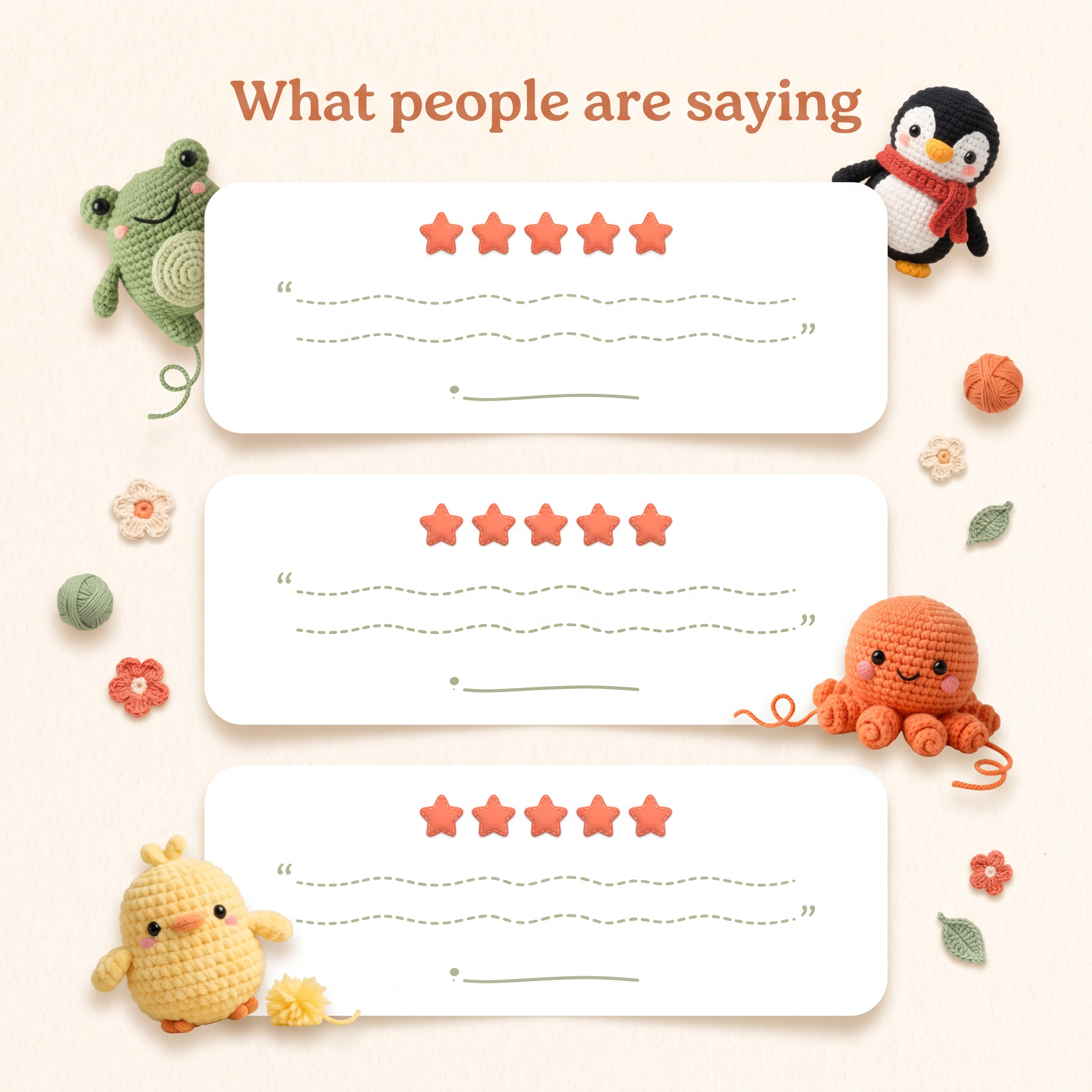 What people are saying: three five-star reviews from Bobs makers, framed by crocheted frog, penguin, octopus and chick friends