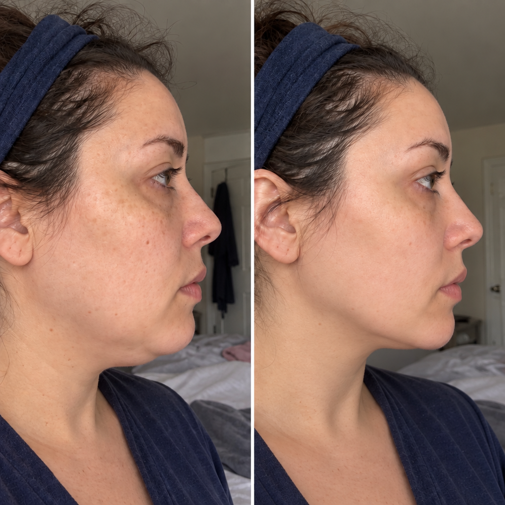 Before: side profile of her face, jawline and neck