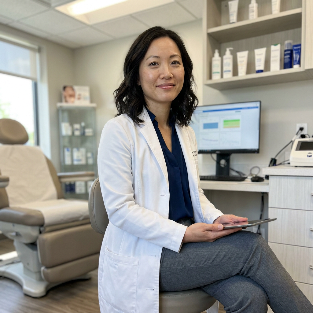 Rachel Nguyen smiling in a white coat, seated in her clinic treatment room with a tablet on her lap