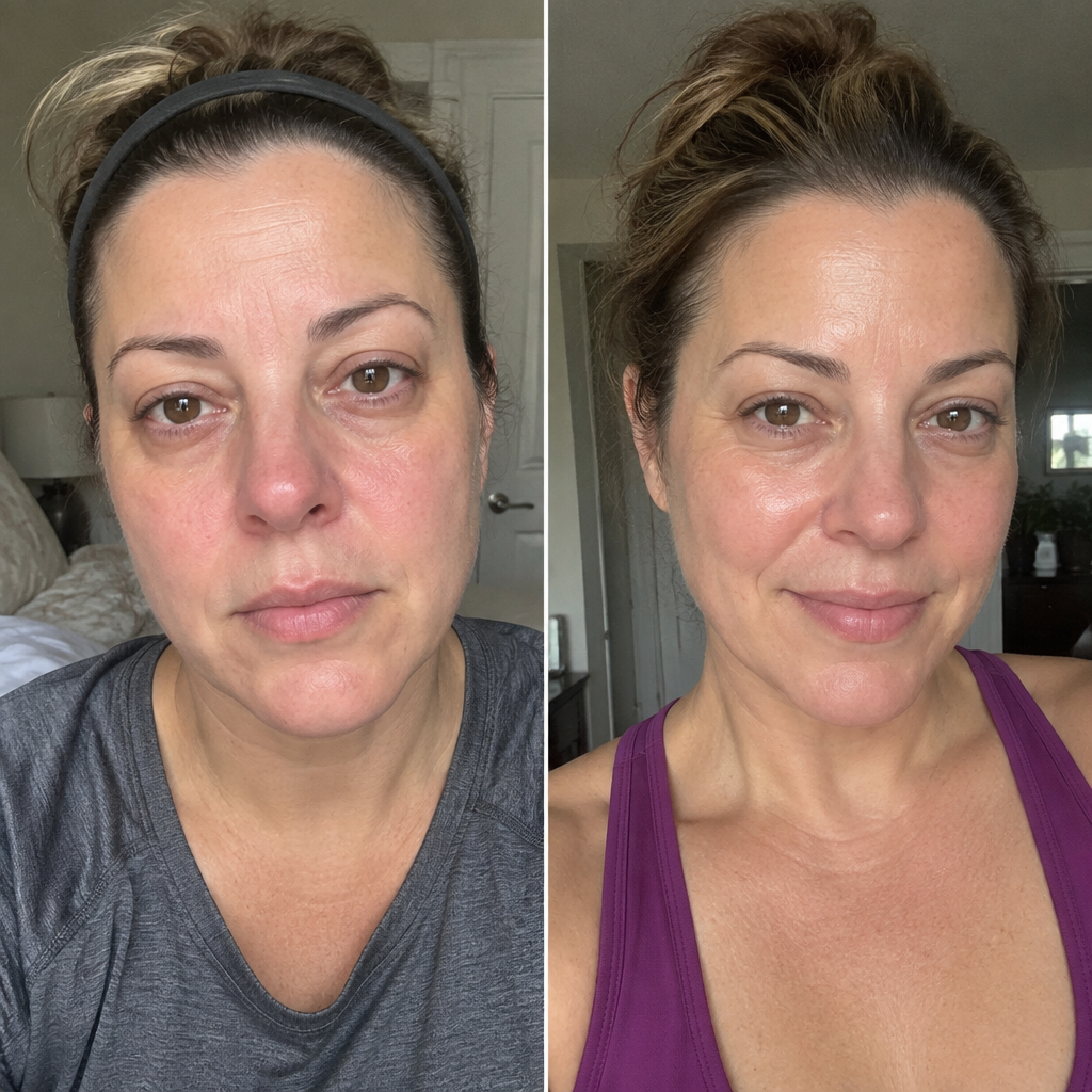 Before: front view of her face, looking tired and puffy around the eyes and jaw