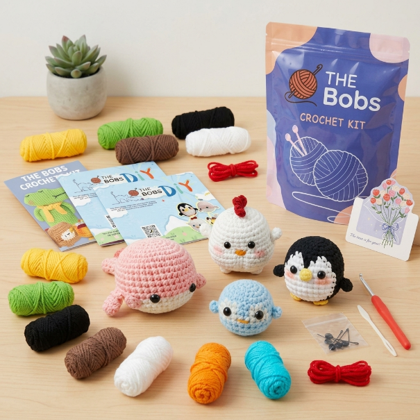 Finished crocheted animal friends made from the beginner kit