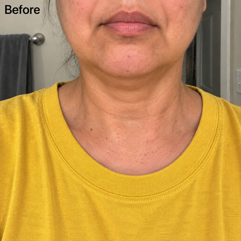 Before: front view of her lower face, jawline and neck