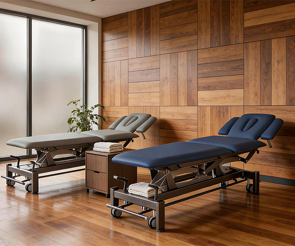 Deux tables de soins à hauteur réglable électriquement, de couleur grise et bleu foncé, dans une salle de soins aux murs en bois