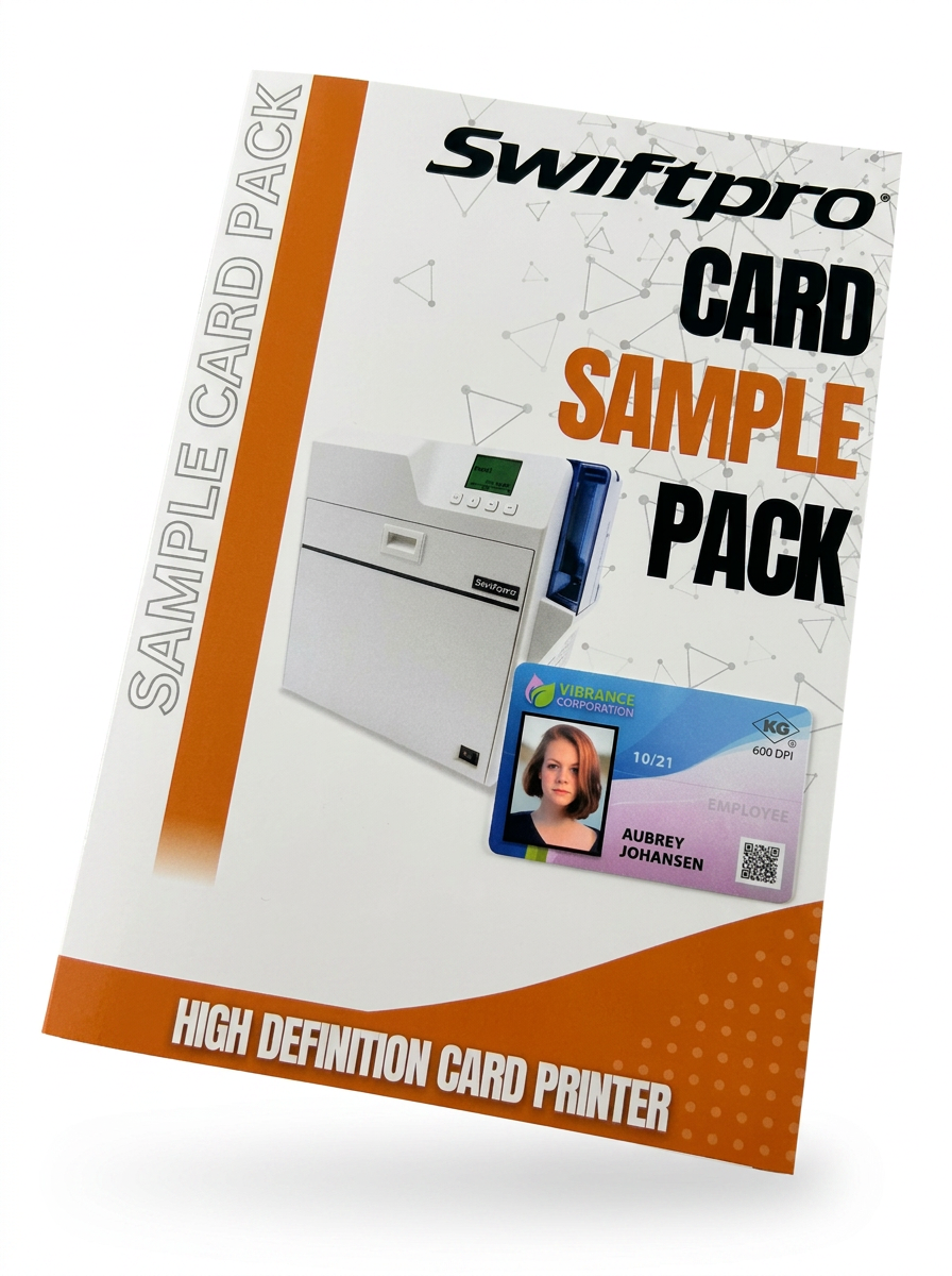 Brochure for Swiftpro Card Sample Pack featuring a high definition card printer and sample ID card