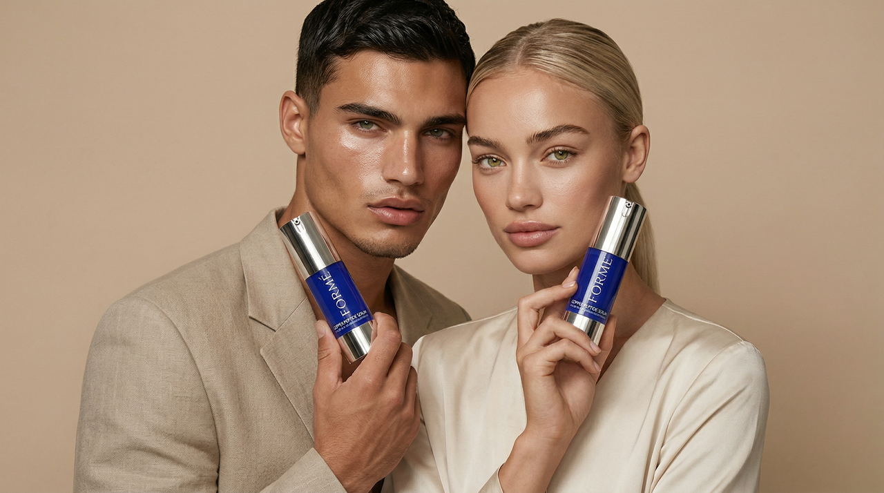 Models holding Formé copper peptide serum for healthy looking skin Hero