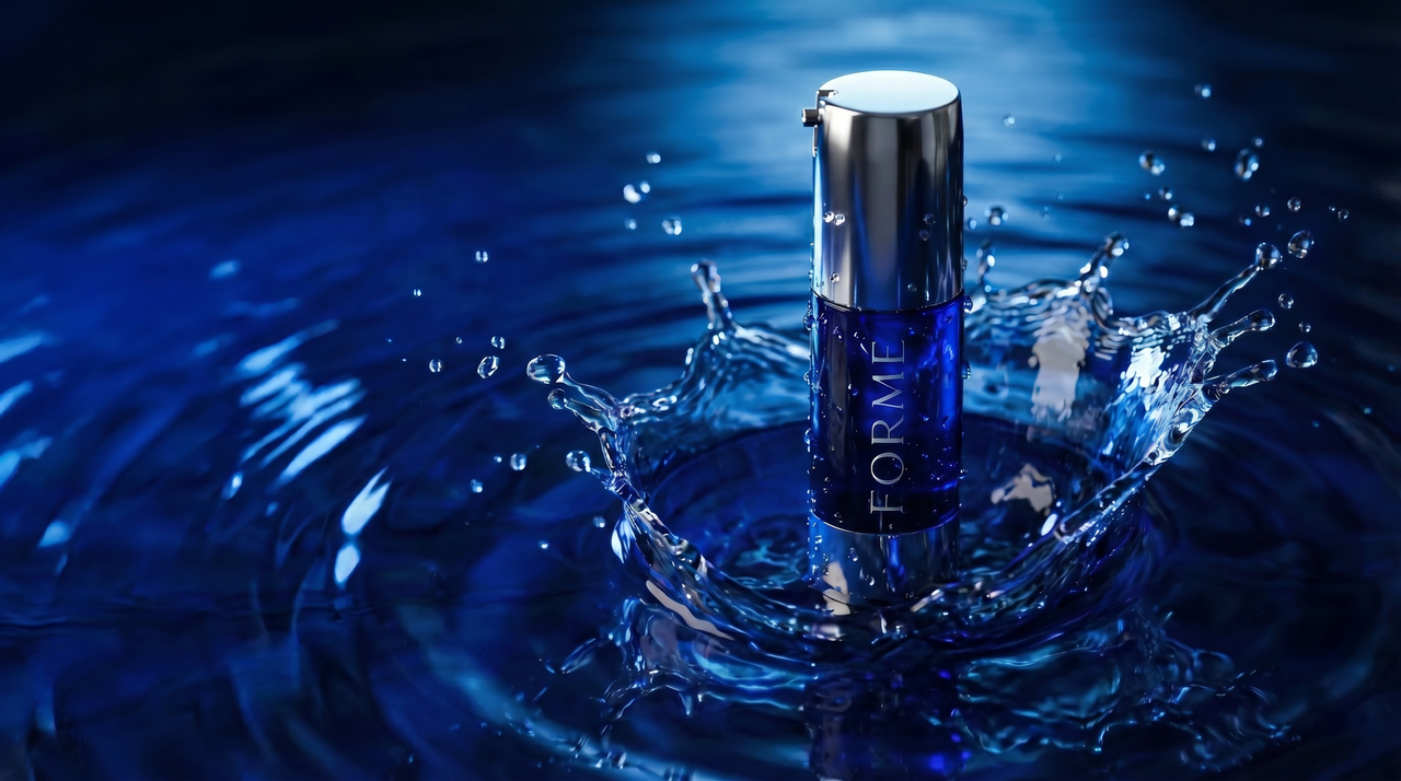FORMÉ copper peptide serum bottle splashing in water, luxury blue skincare product hero image