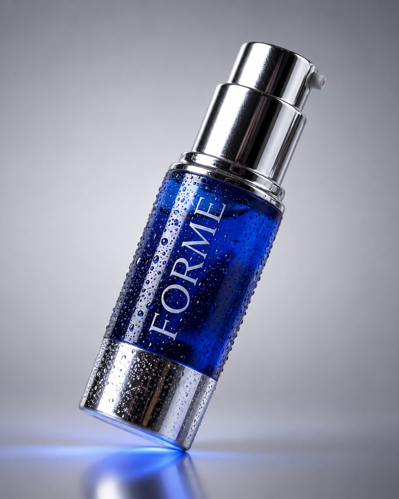 FORMÉ cobalt blue serum bottle with water droplets and chrome reflections, luxury biotech skincare image