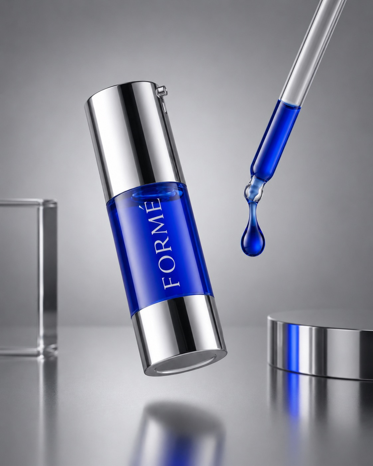 FORMÉ serum bottle with suspended pipette and blue serum drop, modern skincare science aesthetic