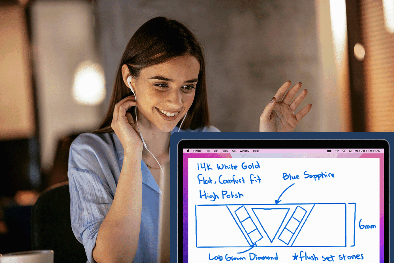 Smiling woman on video call, laptop screen shows ring design sketch with notes.