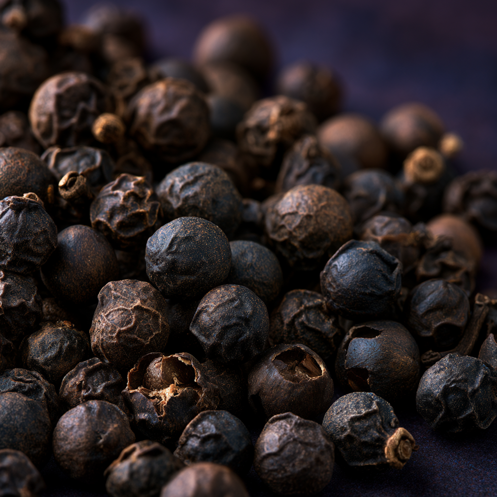 Macro photo of scattered black peppercorns, the source of BioPerine