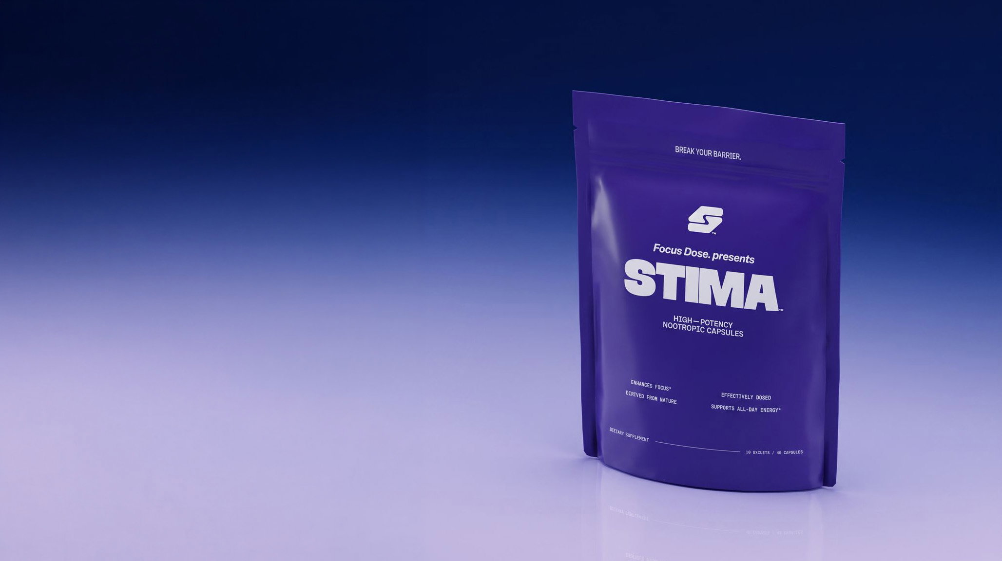 STIMA nootropic pouch standing on a glowing purple surface