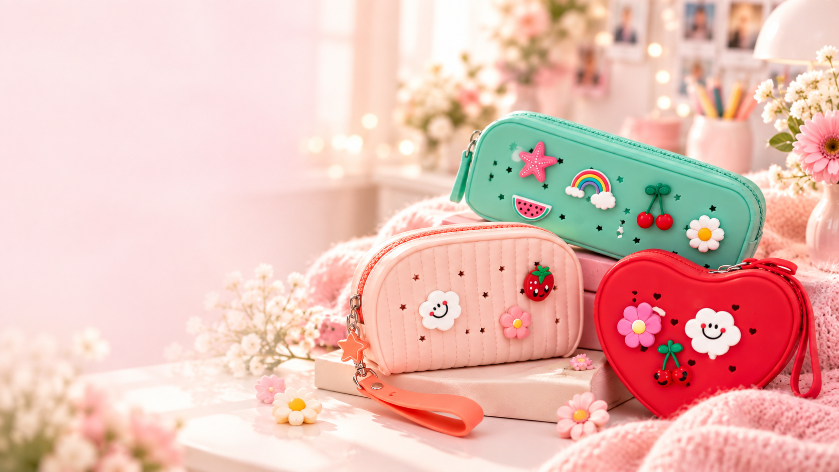 Trois Mondos décorés de charms — trousse vert menthe, pochette rose et pochette cœur rouge — posés sur une table rose pâle fleurie