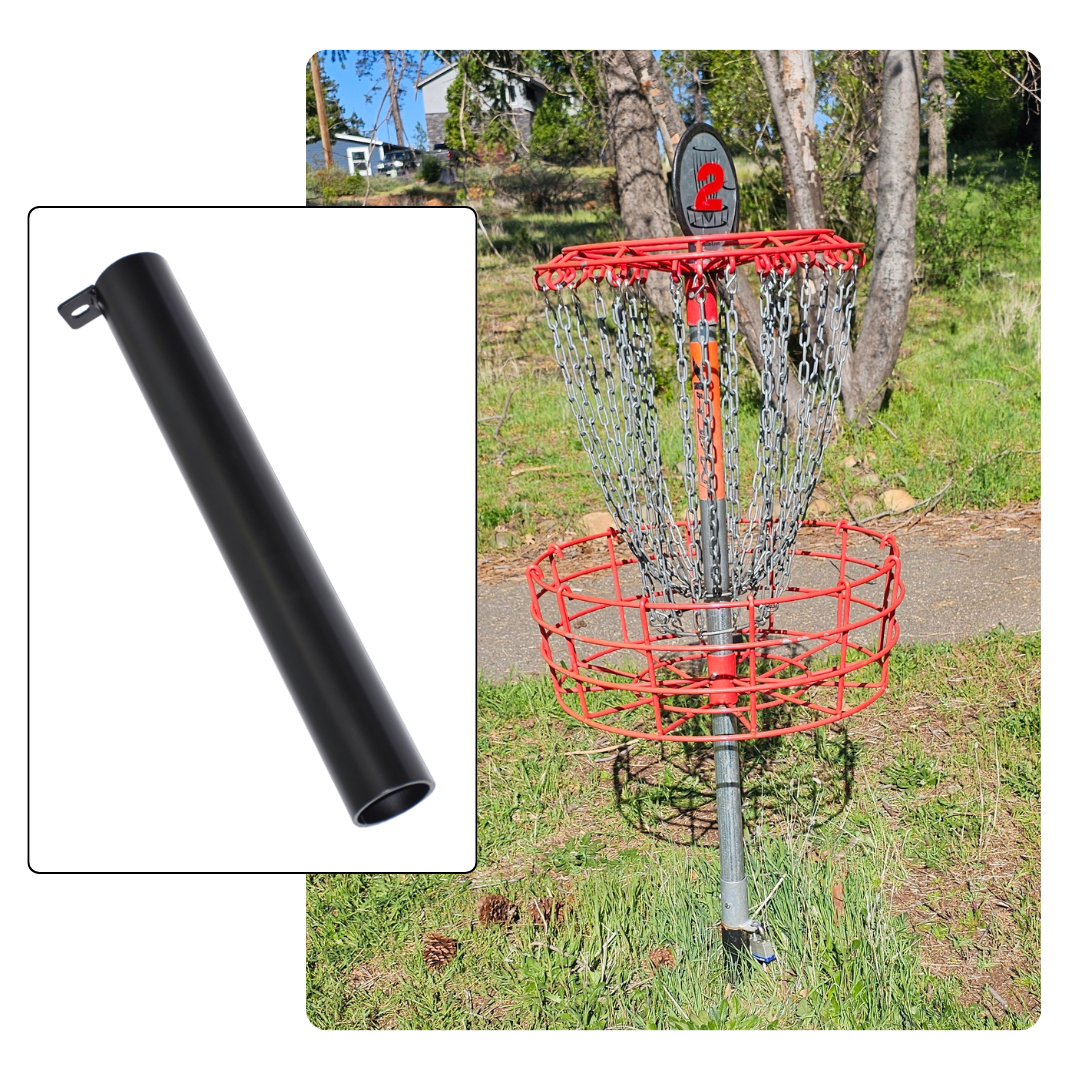 A Disc Golg basket attached to a ground sleeve in the ground.