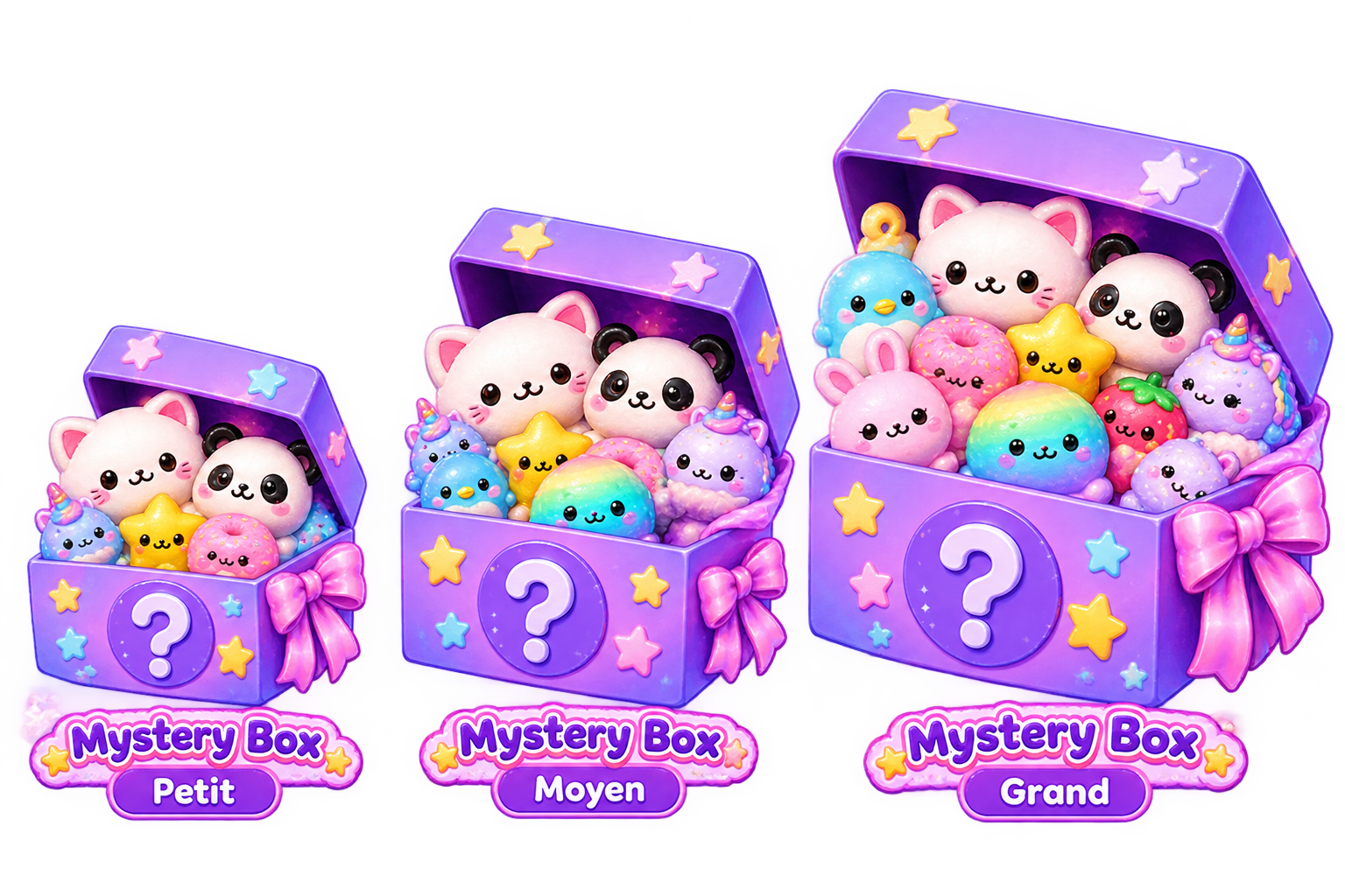 Les 3 Mystery Box Squishly en taille Petit, Moyen et Grand, remplies de squishy kawaii