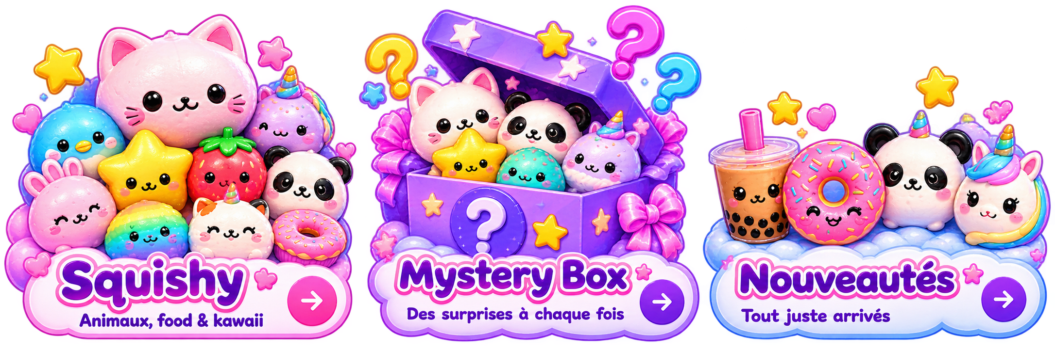 Collection Squishy : chat, pingouin, étoile, fraise, panda et donut kawaii