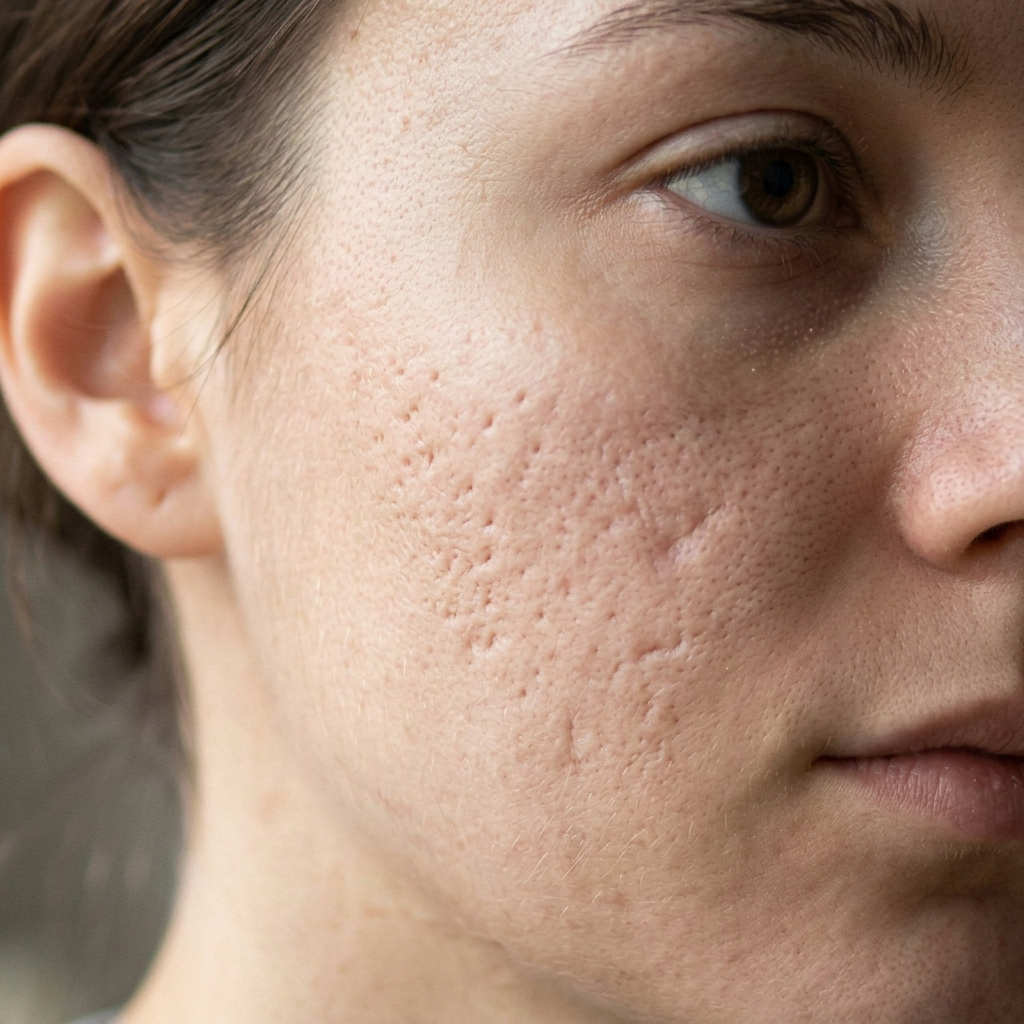 Close-up of a person's cheek showing numerous shallow acne scars and pores