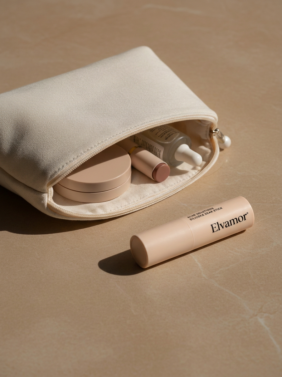 Beige makeup bag with various beige and white cosmetic products on a beige surface
